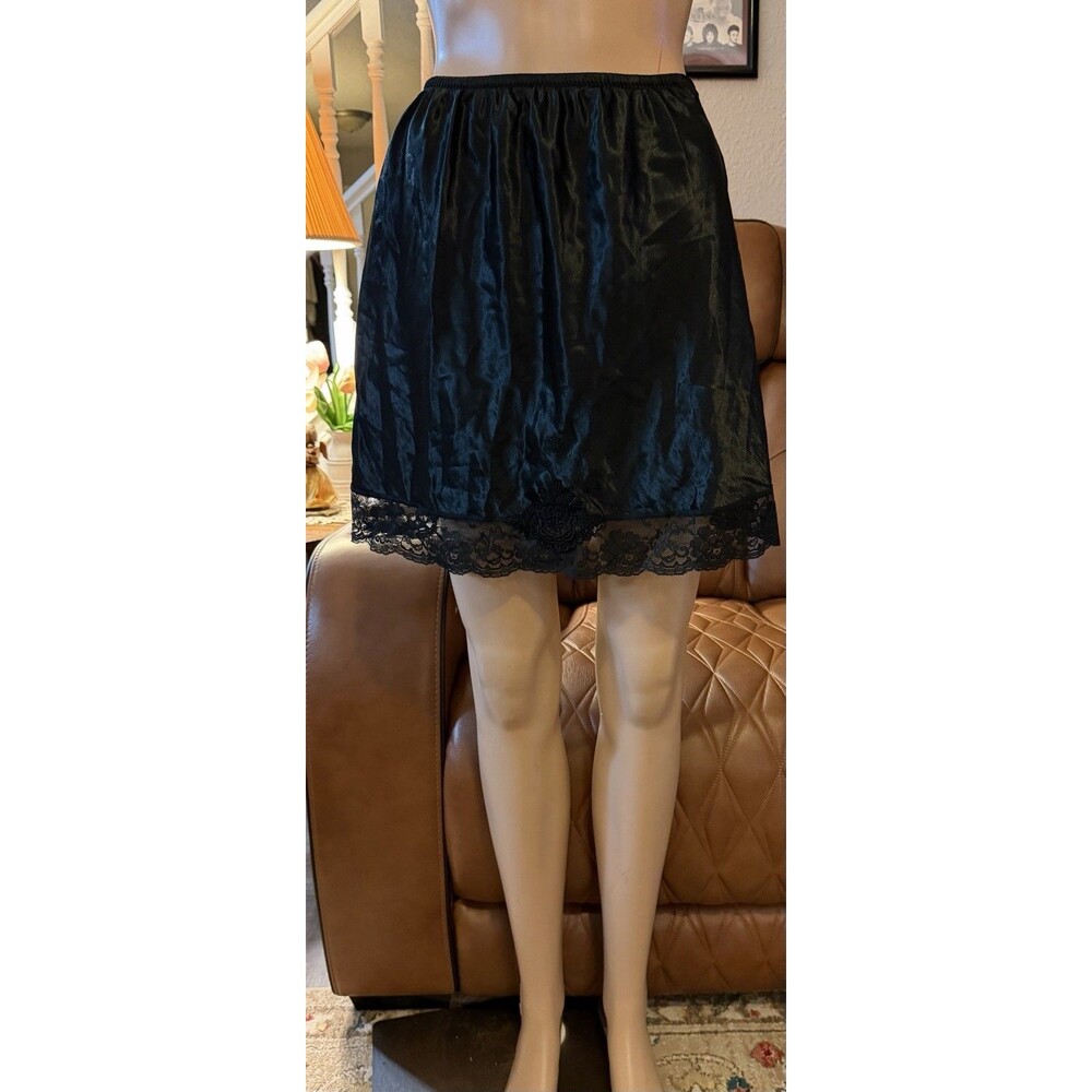 Vintage Christian Dior Black Slip Skirt Satin Lace Slit 80s Lingerie Large